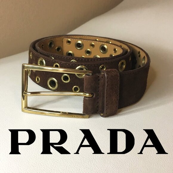 Brown & Gold Grommet Suede 𝐏𝐑𝐀𝐃𝐀 Belt  Marked size 80 / 32 - Picture 1 of 12